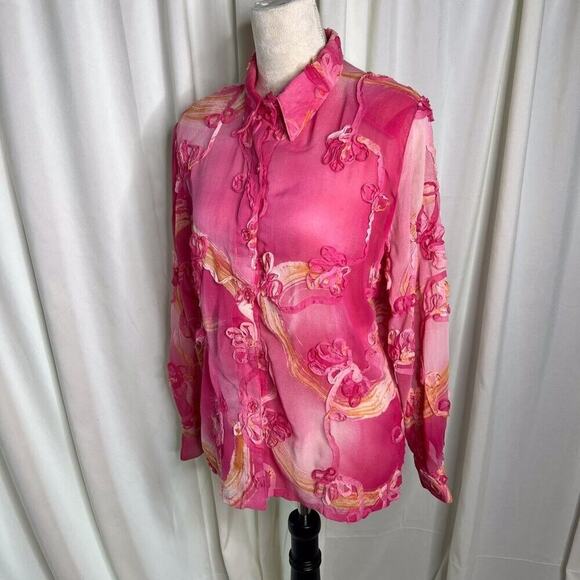 Sea Suns Vintage Floral Blouse Pink Sheer Ruffled Button Up Women's Medium 90s - Picture 10 of 12